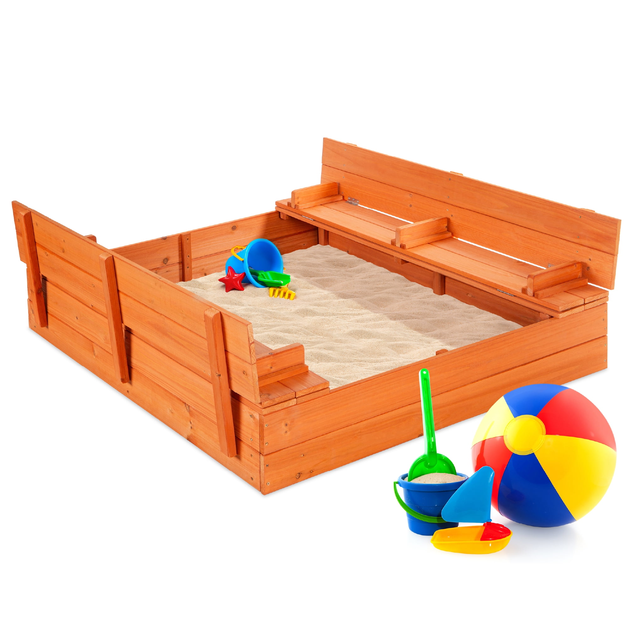 COZUHAUSE Wooden Outdoor Kids Sand Boxes with Foldable Bench Seat,Liftable Roof,47x47Inch 