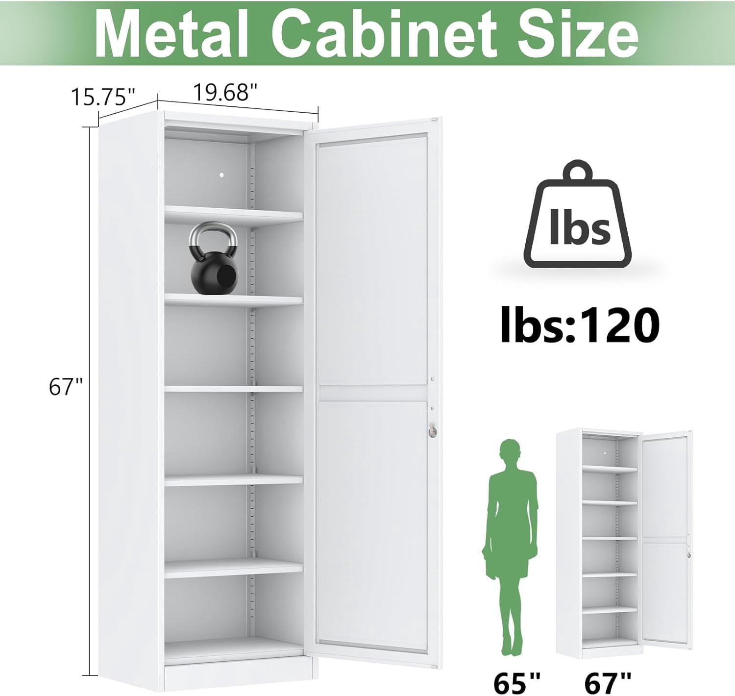 Ero 67" Metal Storage Cabinet with Lock, Tall Narrow Office File Cabinets with 1 Door & 5 Adjustable Shelves