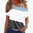 thumbnail image 3 of Scyoekwg Womens Casual Short Sleeve Tops Slant Shoulder Camisole Tops Color Block Patchwork Trendy Shirts Loose Lightweight Blouses (Light Blue,XXL), 3 of 4