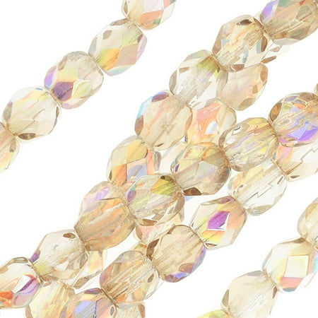 Czech Glass Bracelet - Czech Fire Polished Glass, Faceted Round Beads 4mm, 40 Pieces, Crystal Lemon Rainbow