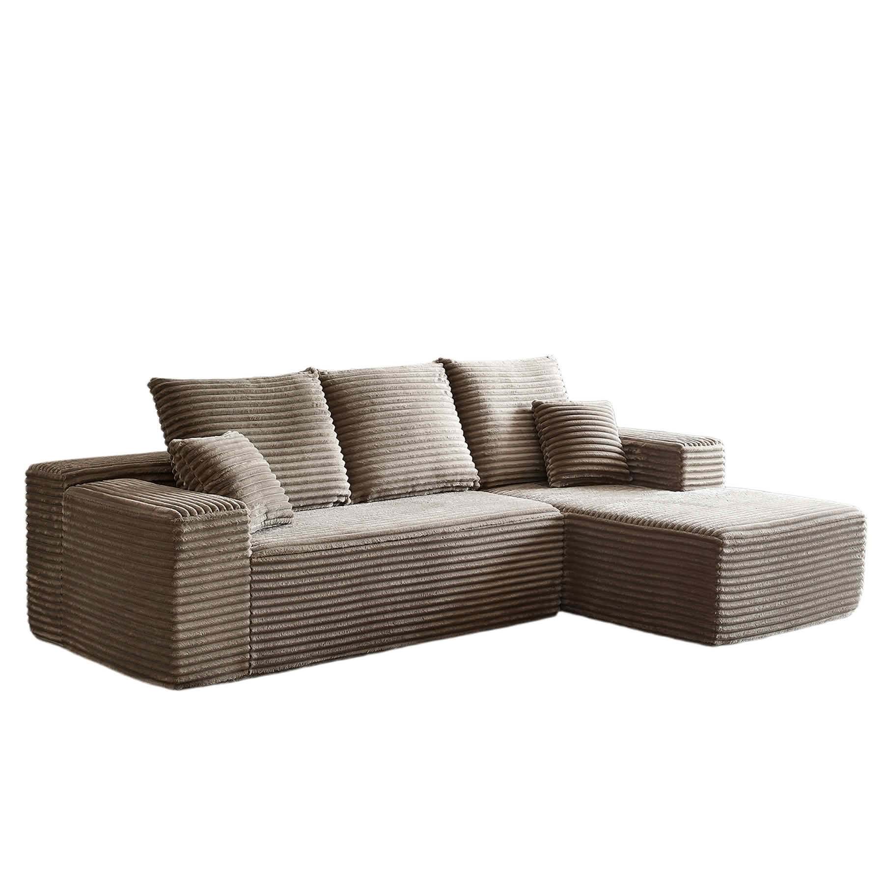 MAYEERTY 107-Inch Brown Faux Rabbit Hair Corduroy 6-Seat L-Shaped Modular Cloud Sofa, Minimalist Deep Seat Sleeper Sectional with Recliner, No Assembly Required