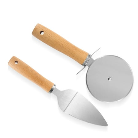 

Pack of 2 Stainless Pizza Wheel Server Set Handheld Wooden Handle Grip Cake Pie Multifunctional Portable Slice Gadgets
