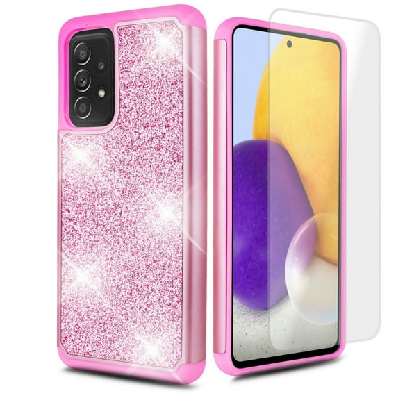 for Samsung Galaxy A72 5G Phone Case Glitter with Tempered Glass Shock proof Edge Scratch Shield Hybrid Layers Slim Bumper Cover