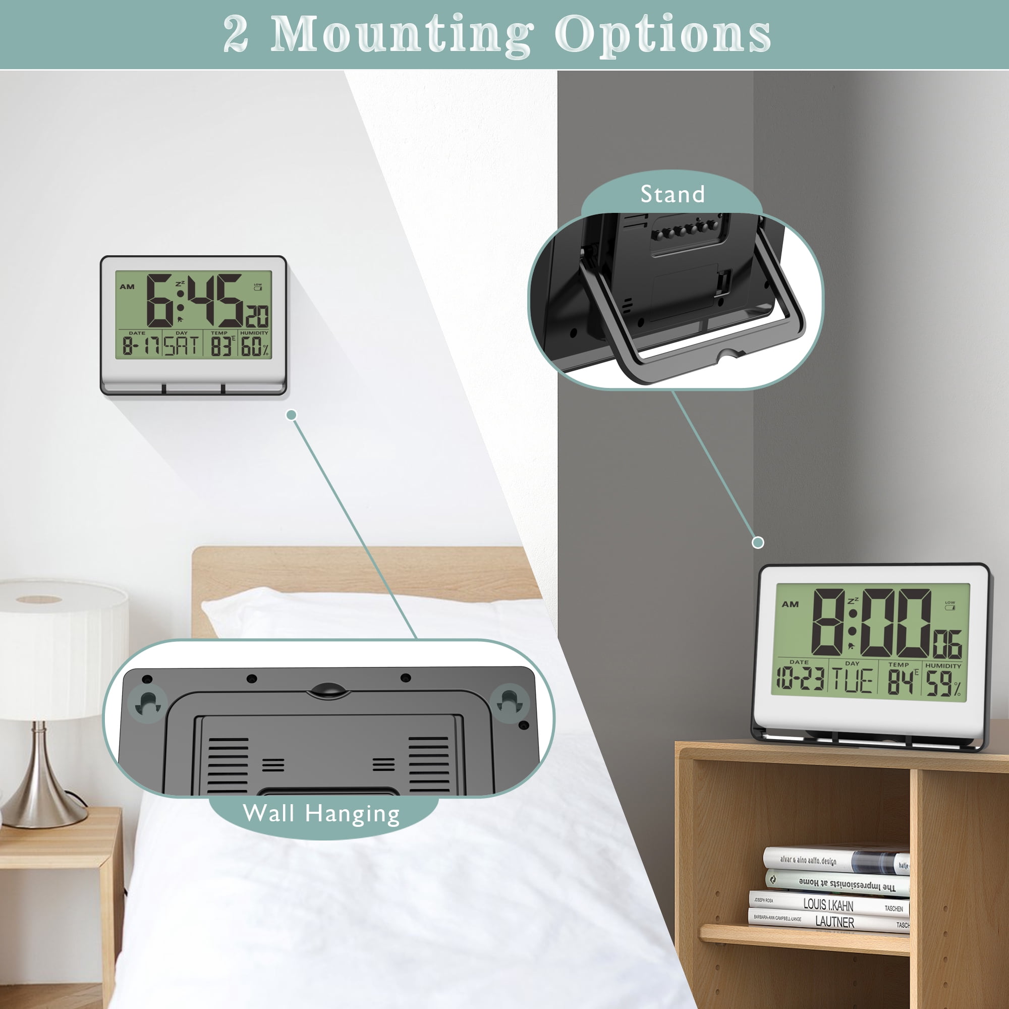 Digital Wall Clock with Indoor Temperature and Humidity, Desk Alarm Clock with Date and Blue Backlight