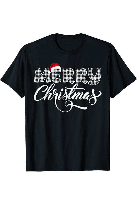 Premium model-Unisex-100% cotton-Merry Christmas Buffalo Black and White Plaid for Men Women T-Shirt