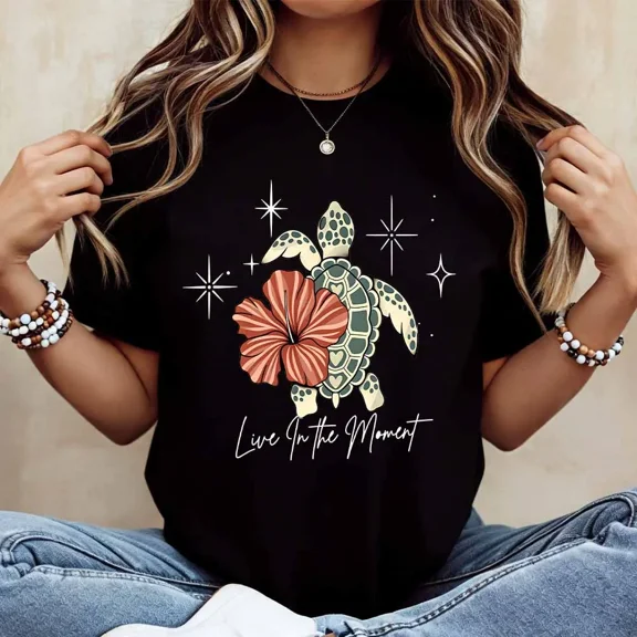 Turtle And Flower Live In The Moment Print T Shirt Women Casual Short Sleeve Top Summer Beach Style Fashion Tees