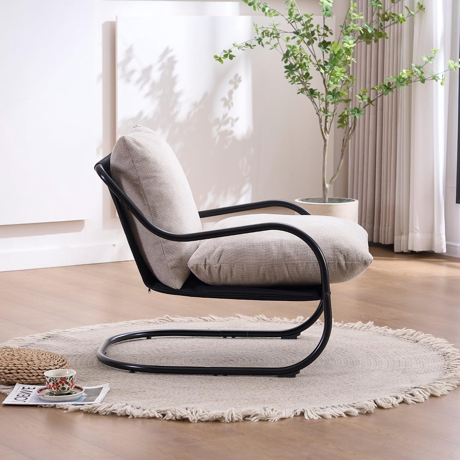 Beige Accent Chair, Modern Upholstered Chair with Cotton Fabric Cushion & Sturdy Metal Frame, Comfy Accent Chair for Living Room, Bedroom, Balcony, Small Reading Chair
