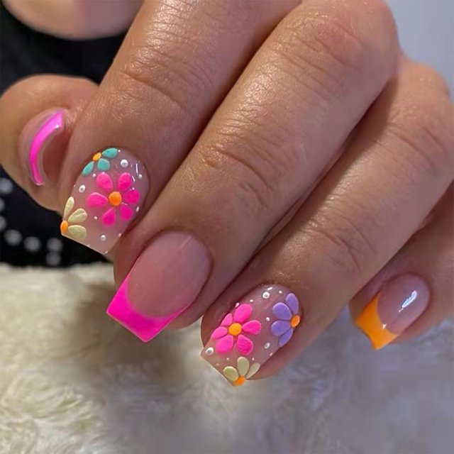 Uñas postizas adhesivas de acrílico RUPOFUZA, tamaño mediano cuadrado, florales, 24 piezas