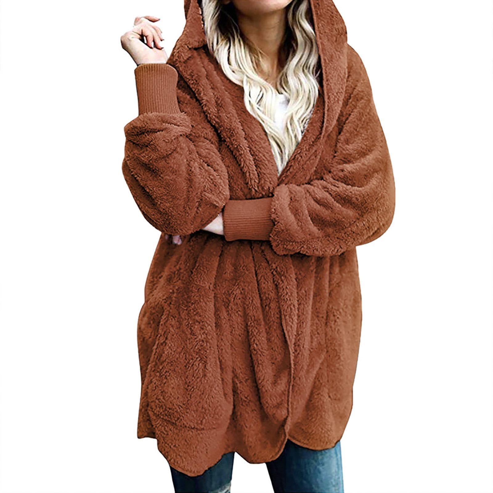 Winter Coats for Women Plus Size S-5X Fleece Long Sleeve Jackets with Hood and Pockets Ladies Casual Solid Warm Open Front Outerwear Coat