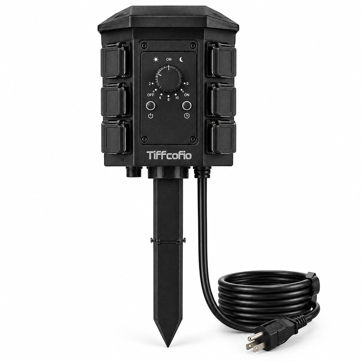 TiFFCOFiO Outdoor Power Stake Timer, 6 Outlets, Dusk-to-Dawn Sensor, 6 ft Cord
