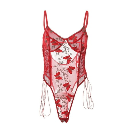 Lolmot Babydoll Lingerie for Women Camisole Butterfly Floral Sexy Lace Embroidered Belt Lace Up Lingerie Bodysuit Bra