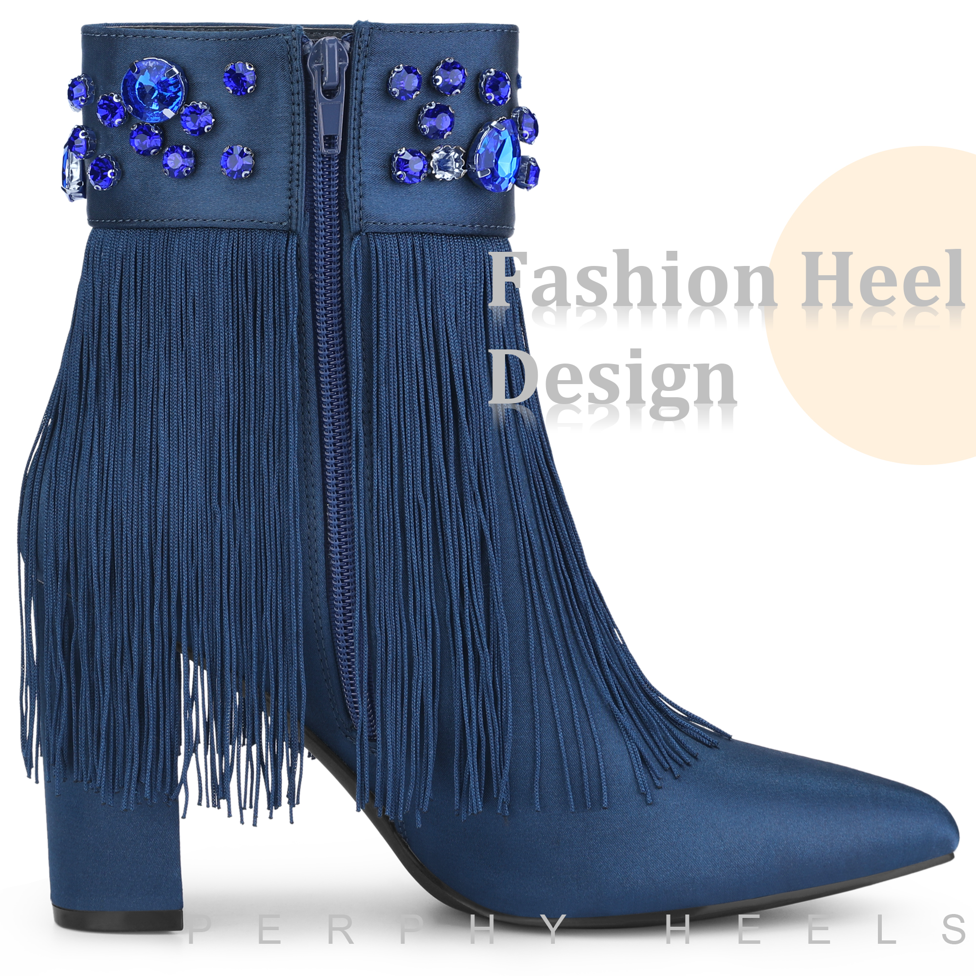 DARING DIVA Pointed Toe Fringe Rhinestone Chunky Heel Ankle Boots Navy Blue 8
