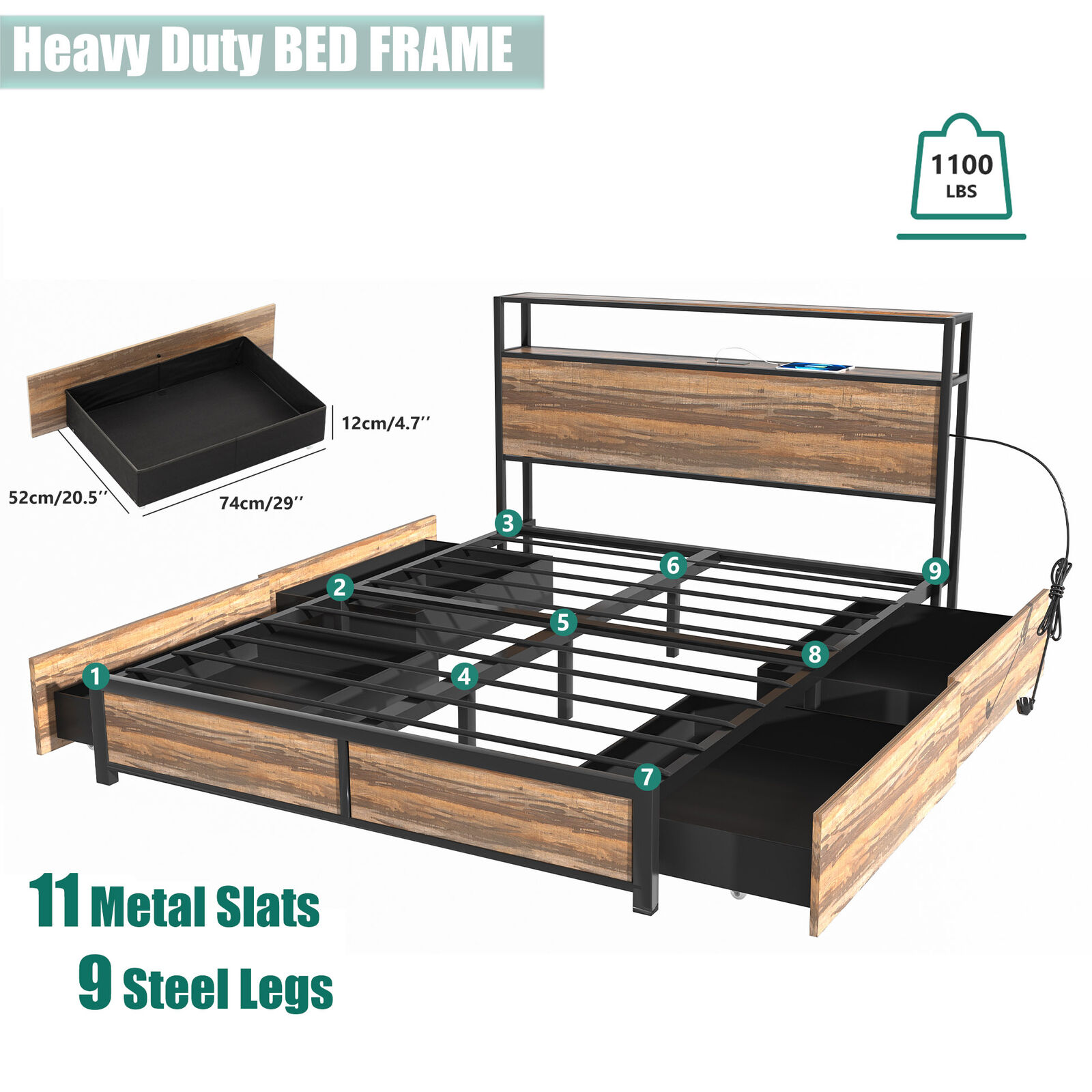 Full LED Bed Frame with Storage Headboard, 4 Drawers and Power Station, Industrial Metal Platform Bed with Power Charging Station & USB Ports (Tan-Full) - image 2 of 11