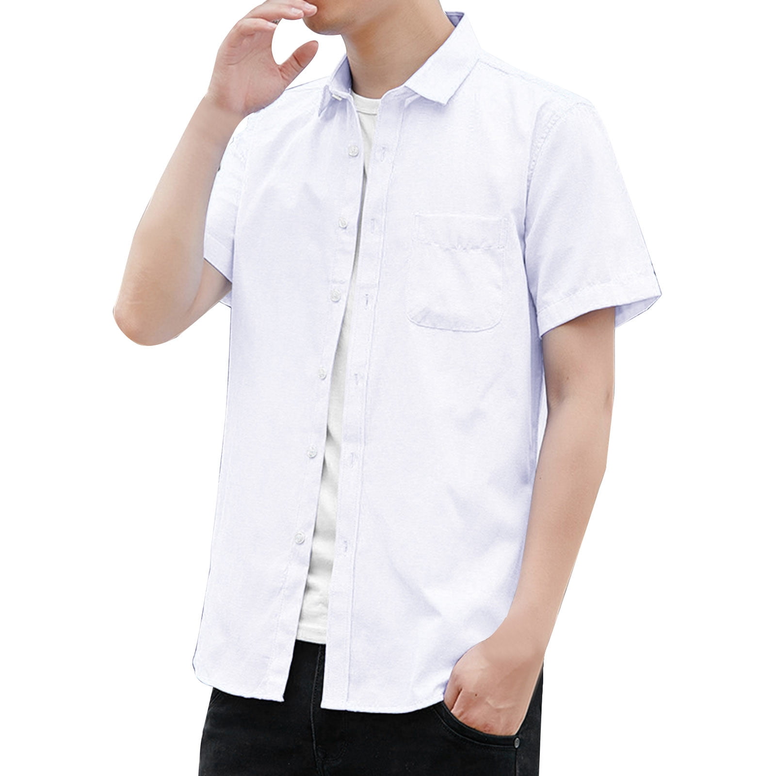 TAIAOJING Mens Hawaiian Shirts Casual Simplicity Korean Slim Solid Shorts  Sleeve Casual Tops 