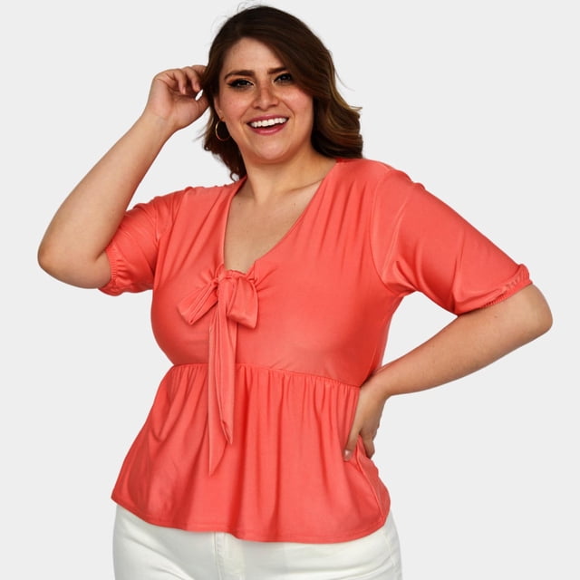 Blusa con moño en escote Roman Fashion modelo 1780 Talla extra coral 40