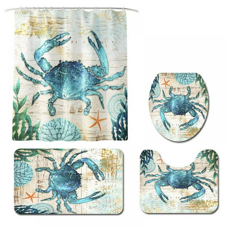 4 Pcs Sea Crab Shower Curtain Set with Non-Slip Rug, Toilet Lid Cover, Bath  Mat and 12 Hooks, Ocean Creature Landscape Waterproof Shower Curtain Sets  for Bathroom 