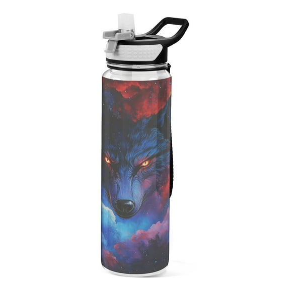 32oz Transparent Sports Water Bottle with Straw for Kids Adults Outdoor School Gym Fitness Wolf Face and Moon