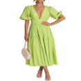 thumbnail image 2 of AMERTEER Femmes Profonde V Maxi Robe d'Été Casual Manches Courtes Plissées Taille Haute LongBeach Flowy Robes, 2 of 9