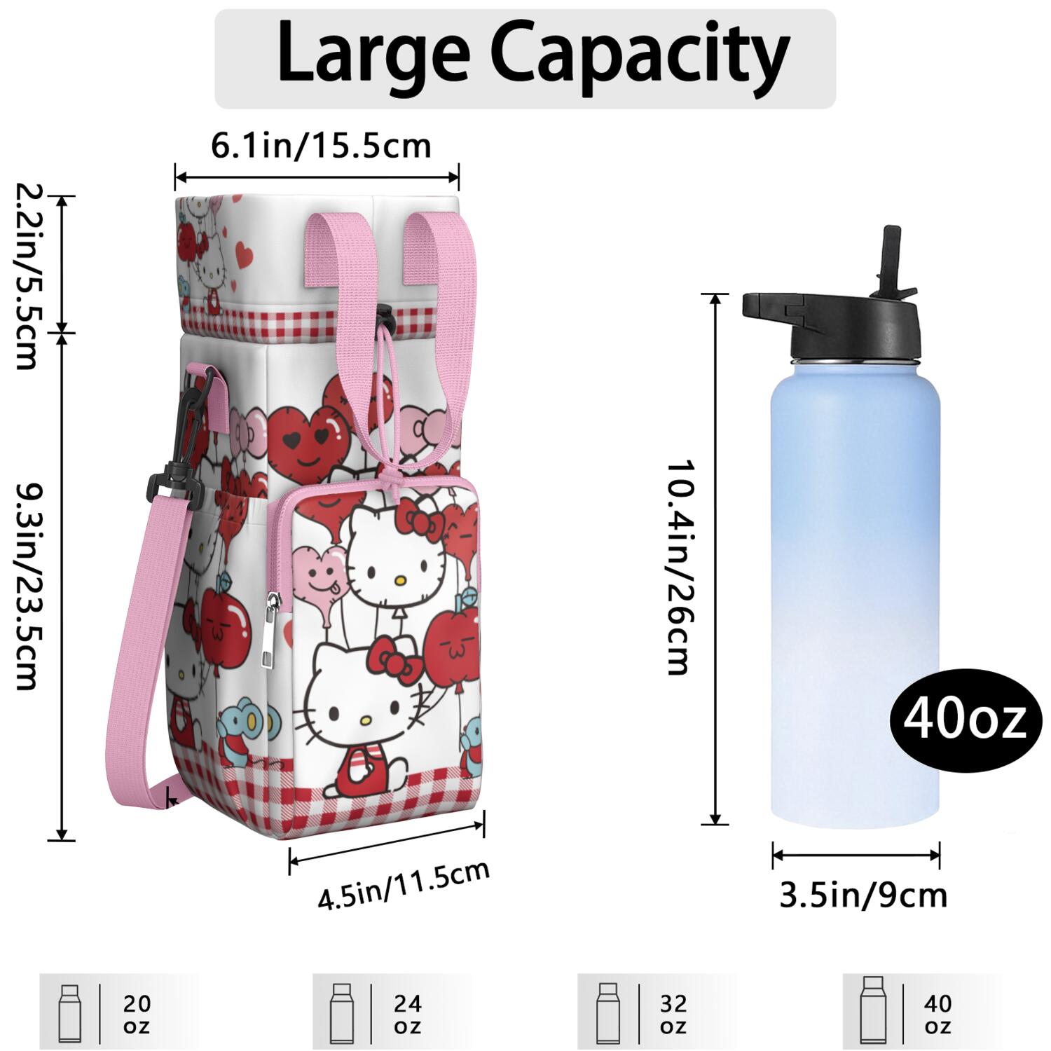 Insulated Water Bottle Carrier Bag Sleeve with Strap Crossbody for 20/24/32/40oz Tumbler,Hello Kawaii Cat Cute Water Bottle Holder Sling Bag with Pocket Gifts for Women Men Adults