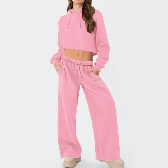 Pink Sweatsuits for Women 2 Piece Workout Outfits Long Sleeve Crewneck Sweatshirts and Elastic Drawstring Sweatpants