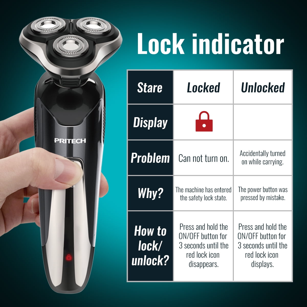 PRITECH Electric Razor for Men, Rechargeable Electric Shaver for Men, Waterproof Wet Dry Cordless Razor with Nose Hair Trimmer and Sideburns Trimmer(Black)