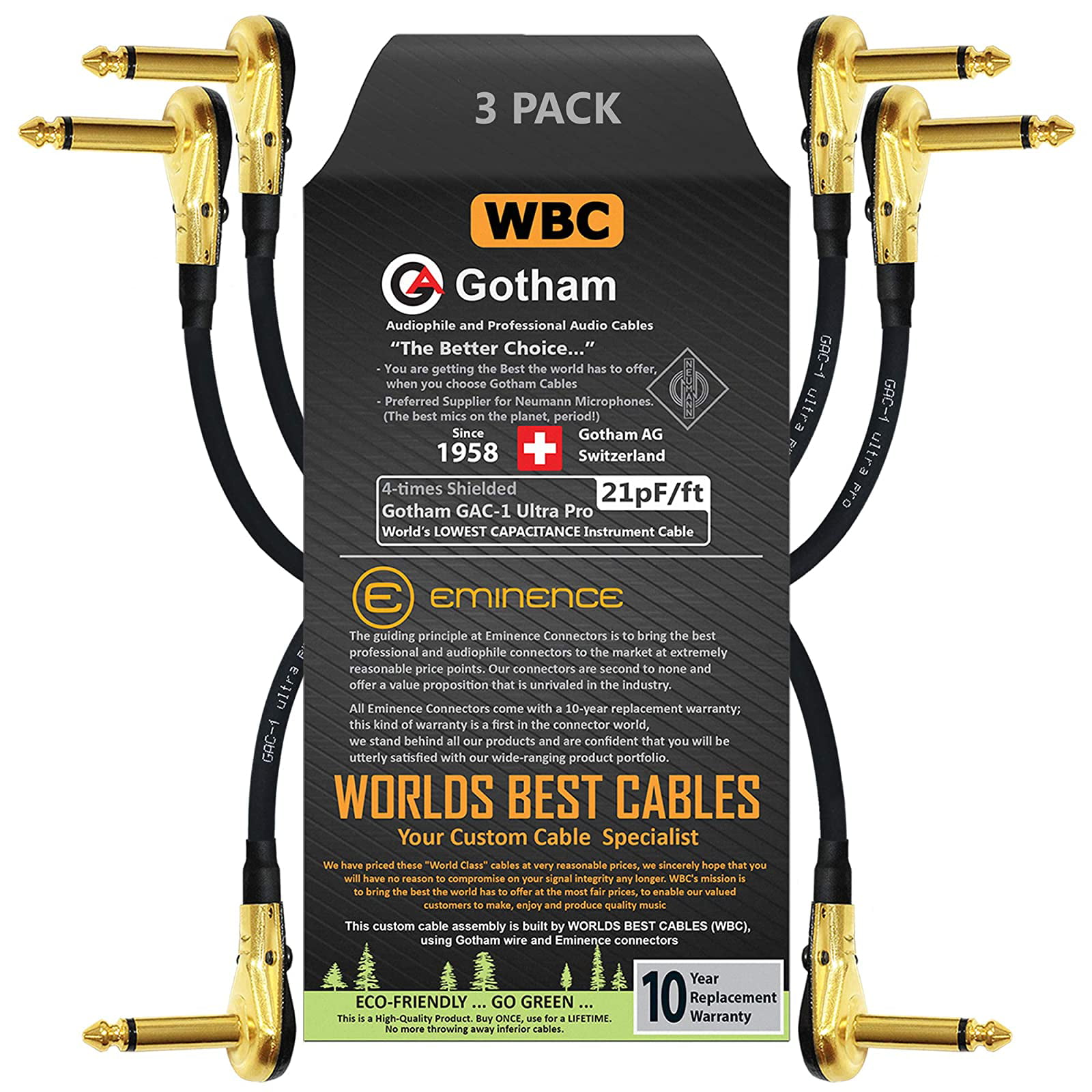 Instrument Cable Custom Made by WORLDS BEST CABLES – Made Using Mogami 2524 Wire and Eminence Gold Plated Patch 6.35mm Effects R/A Pancake Type Connectors S-Shaped Pedal 12 Inch