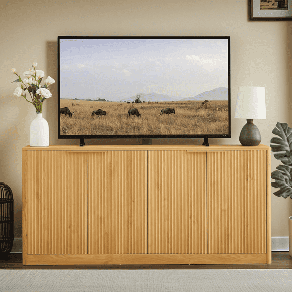 59" Modern Wavy Sideboard, Curved Storage Cabinet with 4 Doors, Multi-Functional TV Stand for Living Room, Kitchen, Entryway, Natural