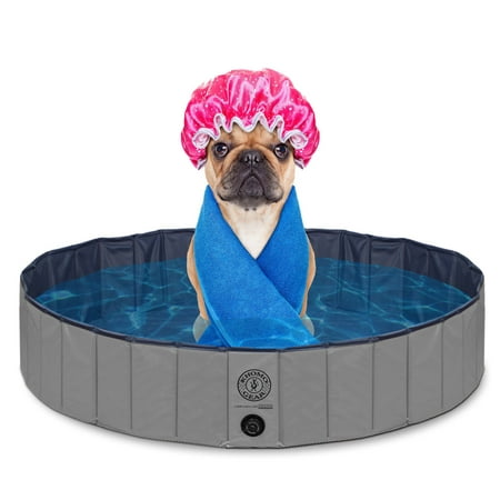 UPC: 0016463335177 | Plastic Dog Pool 47 x 12 Inches Foldable Portable Outdoor Grooming Kiddie Pool For Dogs – Grey – Large