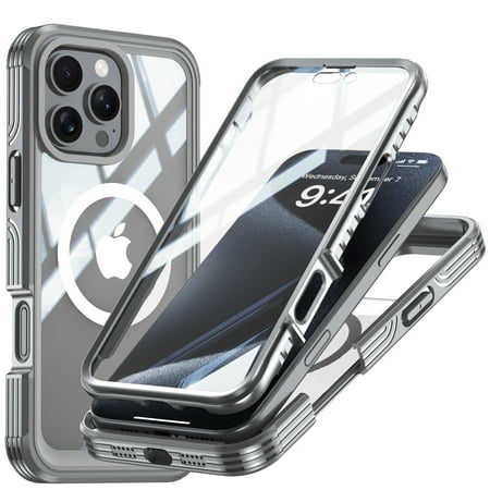 ShieldPlus for iPhone 16 Pro Max Case Magnetic Compatible with MagSafe Built-in Screen Protector Full Body Military Grade Drop Protective Phone Cover Clear Case for iPhone 16 Pro Max Gray