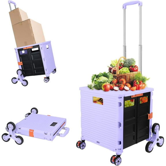 SELORSS Folding Utility Cart Portable Rolling Crate Handcart with Stair Climbing Wheels&360°Swivel Wheels Telescoping Handle Plastic Box Dolly for Travel Shop Move Office Teacher Use(Purple)