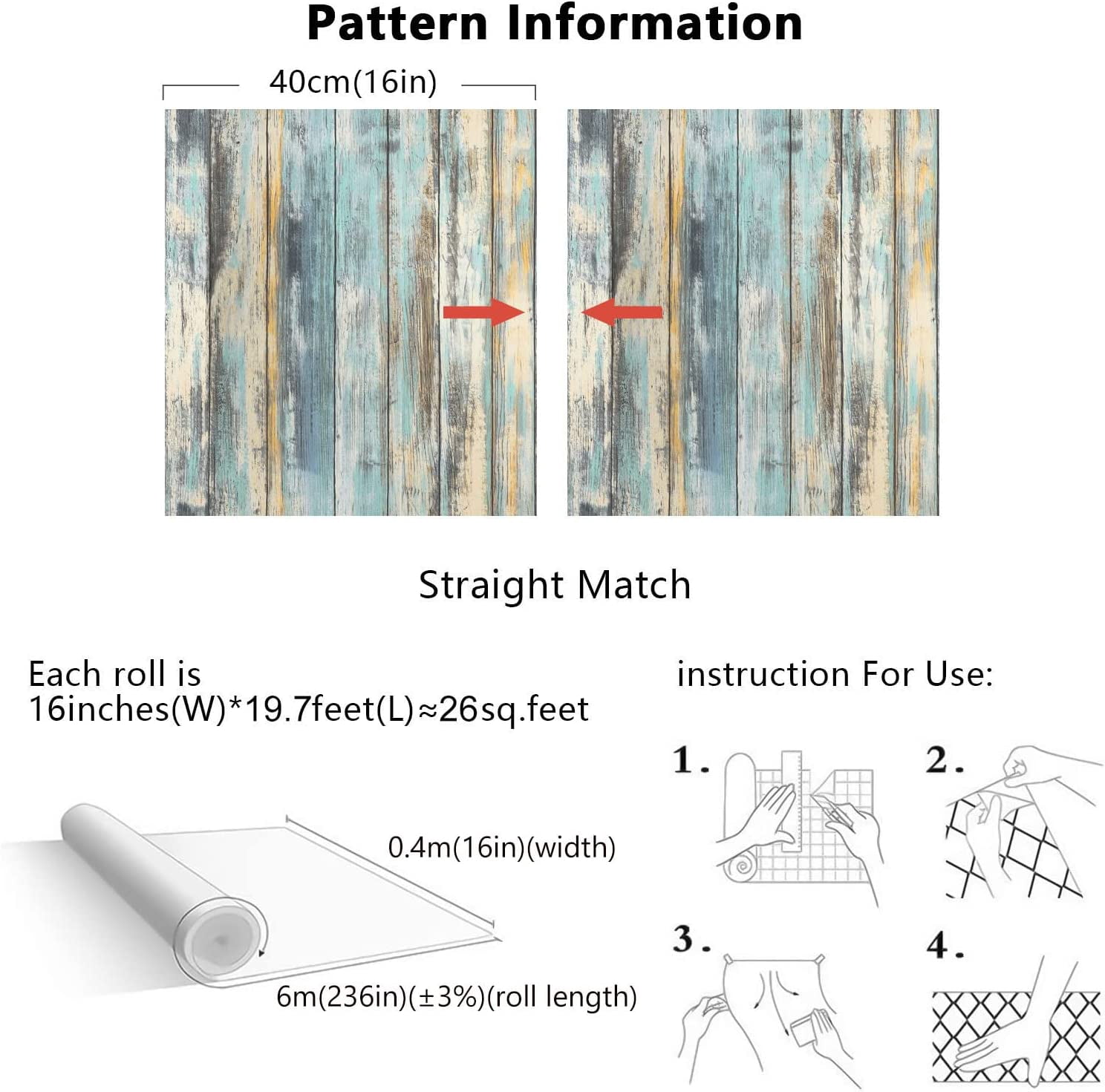 Wood Contact Paper - 15.7"x236" Self-Adhesive and Removable Wood Wallpaper Peel and Stick - Blue Distressed Wood Grain Contact Paper for Cabinets - Waterproof Stick on Wall Paper