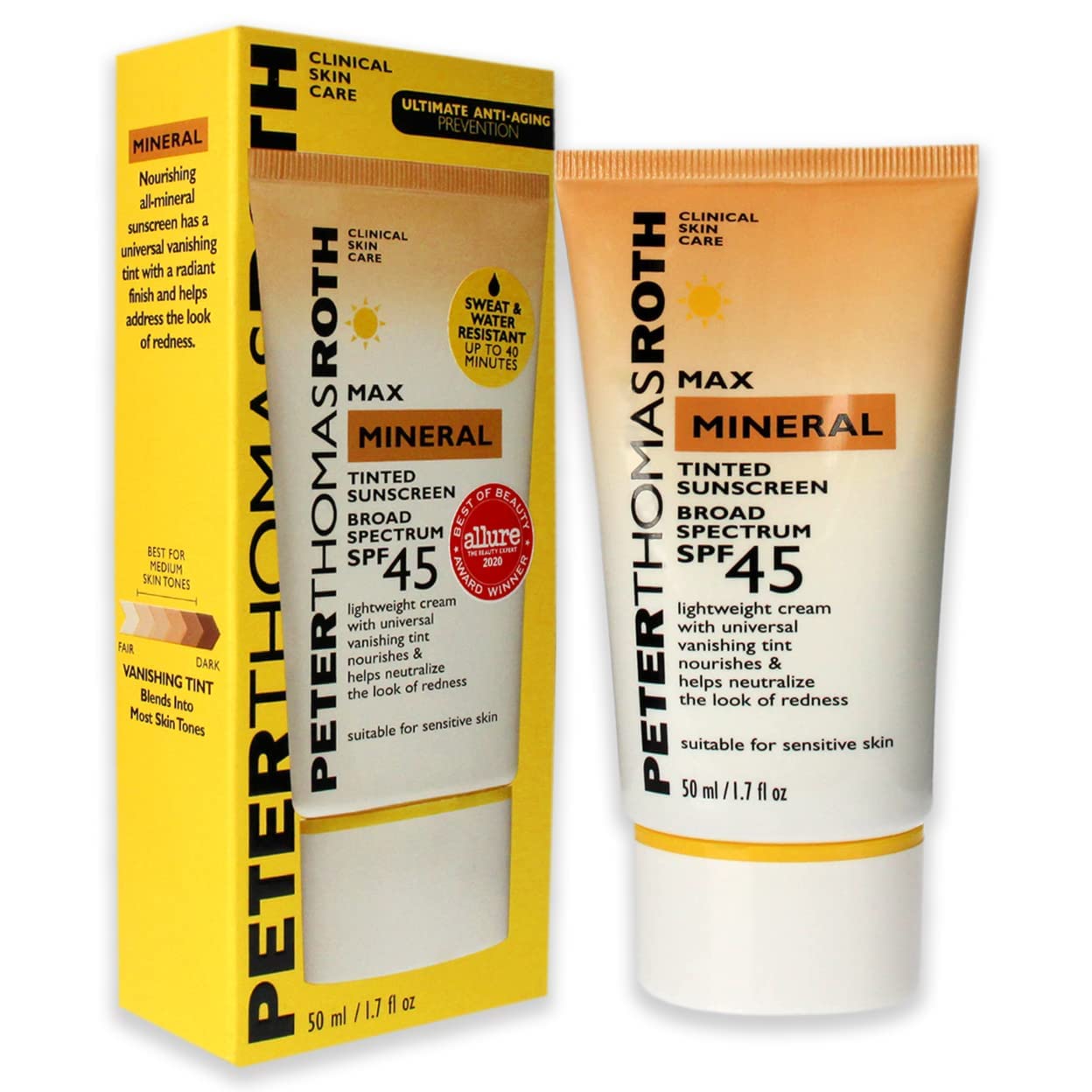 Peter Thomas Roth | Max HYZ01 Mineral Tinted Sunscreen Broad Spectrum SPF 45 | Tinted Moisturizer with SPF, Water-Resistant Mineral Sunscreen For Sensitive Skin, 1.7 Fl Oz. (Pack of 1)