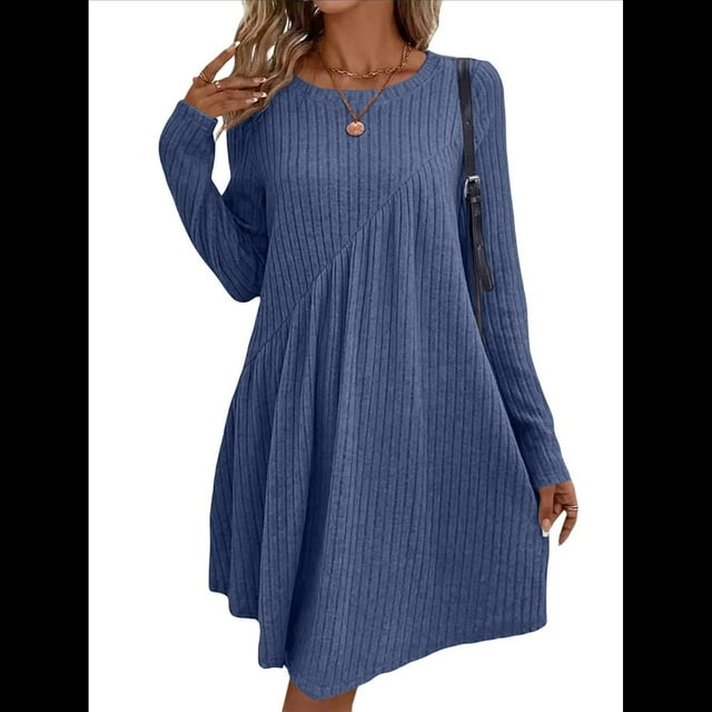 Vestido de Mujer de Larga, Cuello Redondo, Cintura Alta y Cintura Irregular. Azul Real XXL