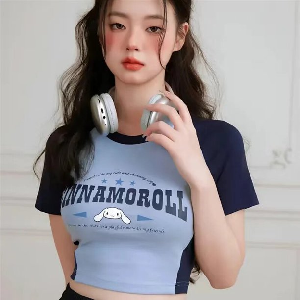 Sanrio-Camiseta de manga corta Y2k para mujer, ropa de dibujos animados Cinnamoroll de gran tamaño, camisetas de Anime informales sueltas, Tops de calle