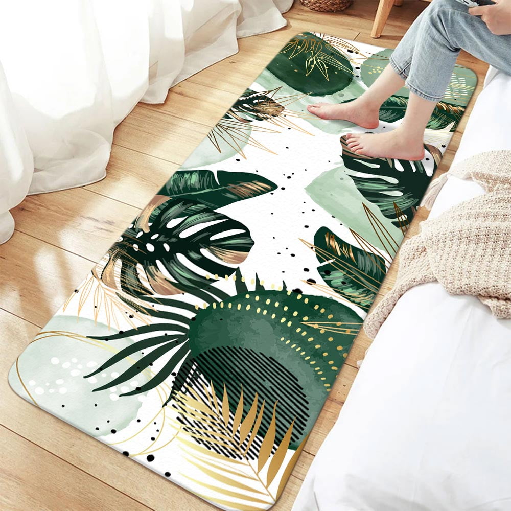 Green Chic Abstract Bath Mat for Bathroom, Boho Green Gold Leaves Tropical Watercolor Minimalist Modern Floor Rugs Mats Non Slip Bathroom Decor Accessories 16X48 Inches Kitchen Bedroom Indoor