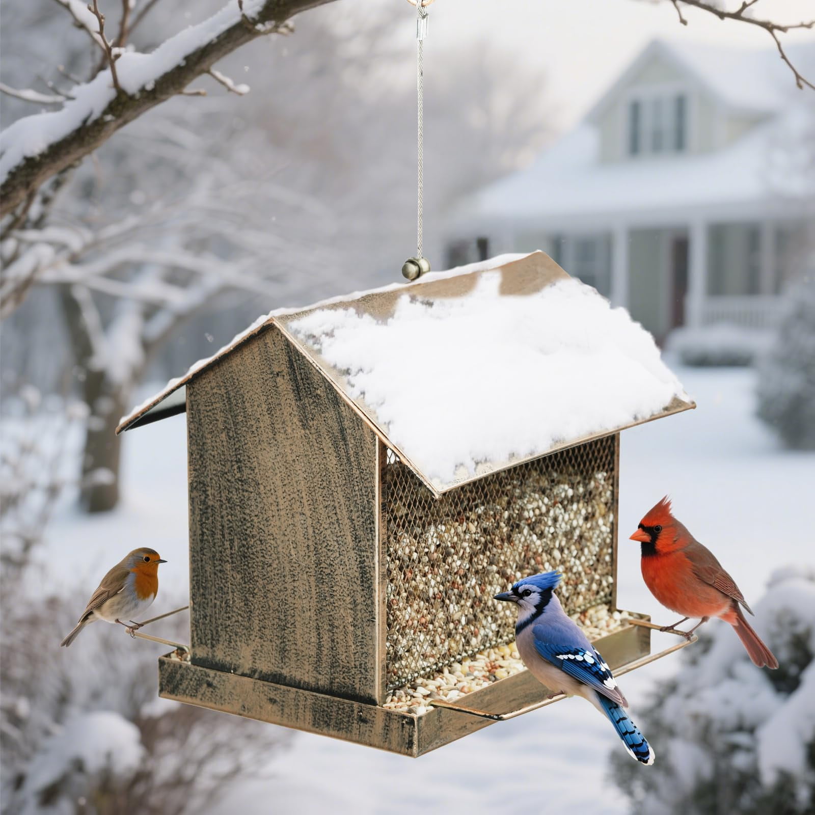 Samhe Bird Feeder for Outside Hanging, Outdoors Heavy Duty Metal Wild Birdfeeder, 3.5lbs Large Capacity