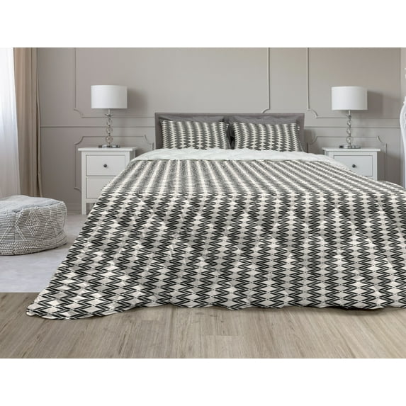 Art Deco Comforter & Sham Bedding Set, Abstract Geometric Optical Illusion Effect Image with Rhombus and Zigzags, 3 pcs Duvet Set Microfiber Filling Quilt, 5 Sizes, Charcoal Grey Ivory, by Ambesonne