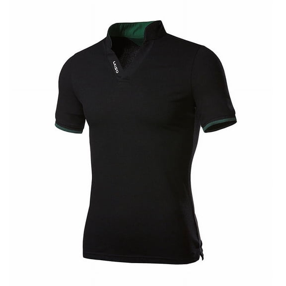 WREESH Men's Fashion Stand Collar T-Shirt Solid Color Short Sleeve Turn-Down Neckline Pullover Tops Black
