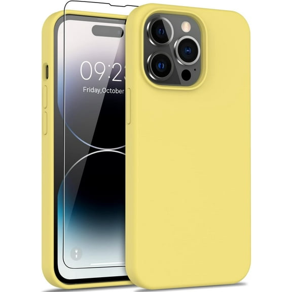 iPhone 14 Pro Case with Screen Protector,Soft Liquid Silicone Gel Rubber Bumper Cover,Slim Fit Shockproof Protective Phone Case for iPhone 14 Pro 6.1" Yellow