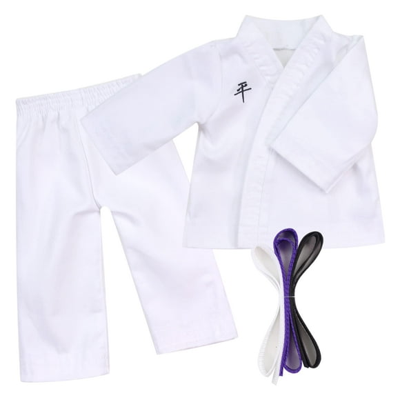 Sophia's Judo Neutre Tae Kwon Do Karate Martial Arts Gi Uniforme avec Ceintures Blanches, Violettes et Noires pour 18 Poupées, Blanc