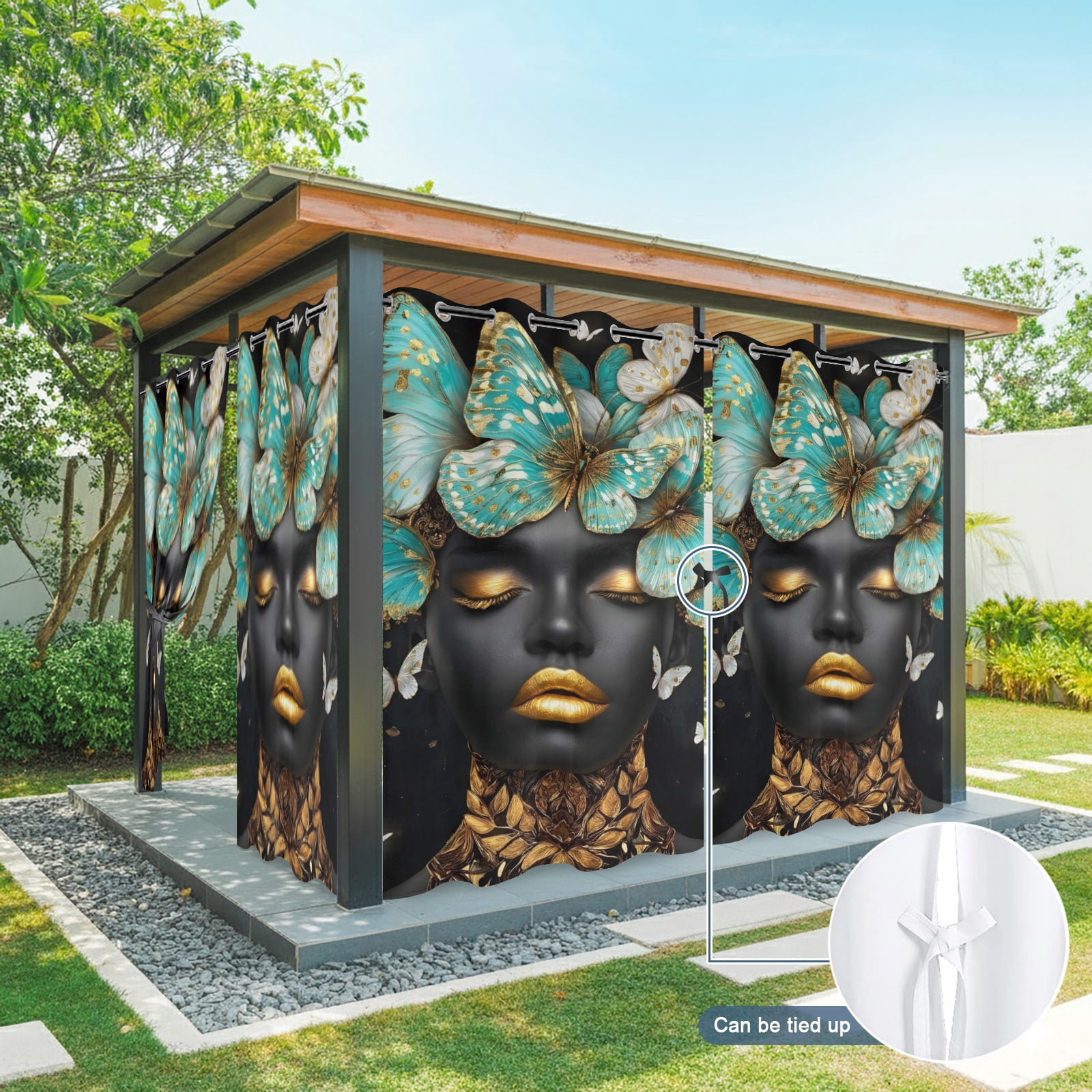 African American Outdoor Curtains for Patio, Woman Portrait Butterfly Luxury Sunshade Privacy Drapes Grommet Waterproof Outside Curtains for Porch/Cabana/Balcony 54"x 108", 1 Panel