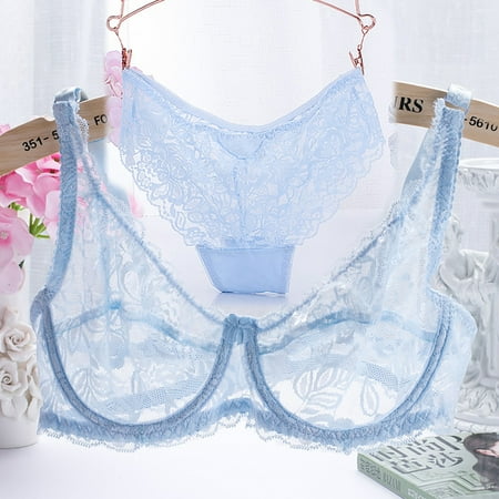 

Walmeck New Women Lace Gauze Bra Sets Push Up 34 Cup Hook-and- Eye Breathable Ultra-thin bra Lingerie Underwear With Brief