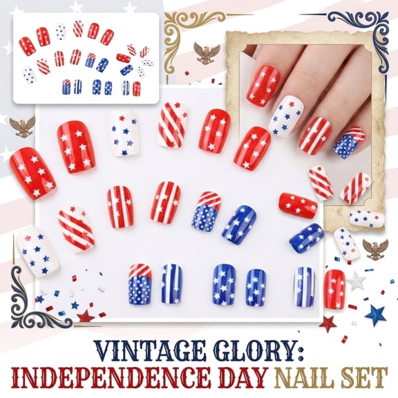 24 Piece Retro Gorgeous Independence Day Nail Art Set, Patriotic 4th of July Nail Stickers Wraps for Women, DIY Press on Nails