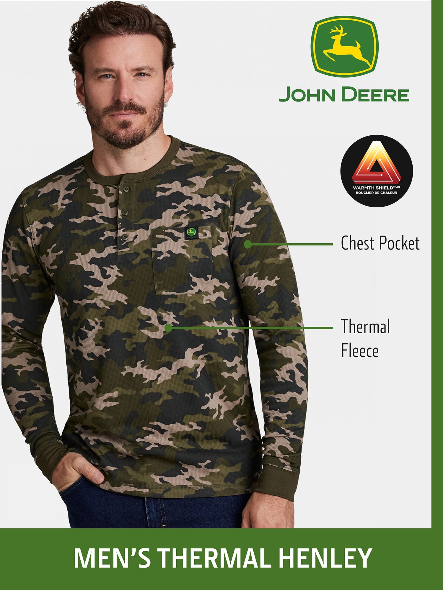 John Deere Men’s Warmth Shield™️ Long Sleeve Thermal Pocket Henley, Sizes S - 3XL