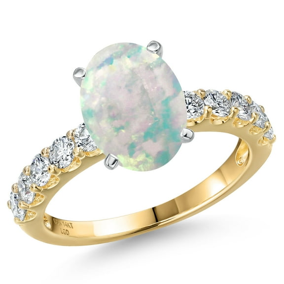 Gem Stone King 14K Two Tone Gold Simulated White Opal and Lab Grown Diamond Engagement Ring for Women | 2.65 Cttw | Oval Cabochon 11X9MM | Gemstone October Birthstone | Size 6