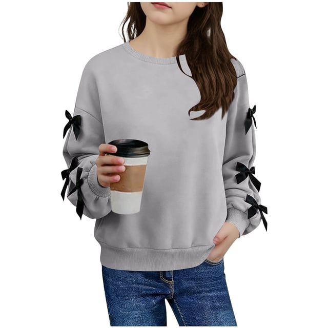 Sudadera con lazo de manga larga para niña, blusa informal de manga larga con cuello redondo, blusa de poliéster para niña
