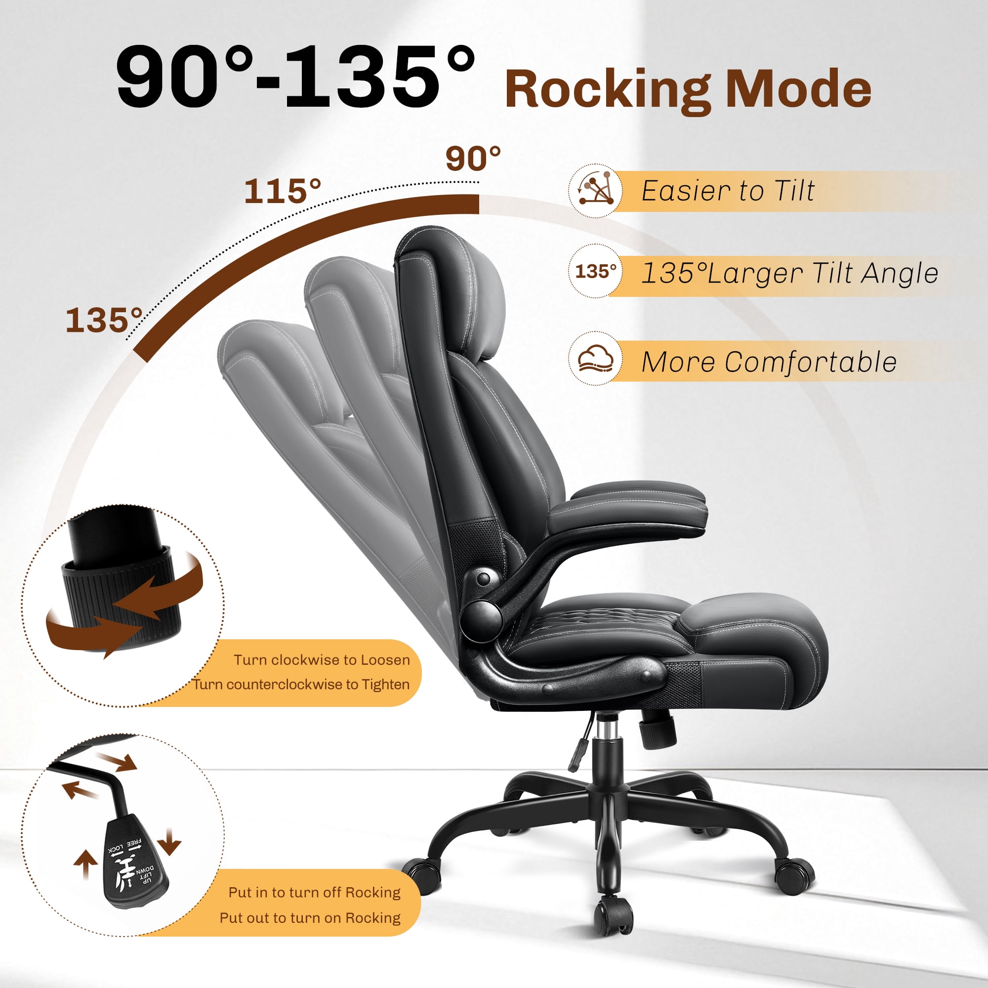 FASTES Office Chair, Ergonomic Computer Desk Chair with Rocking Function, Big and Tall Leather Office Chair with Adjustable Flip-up Armrests and Lumbar Support, Black