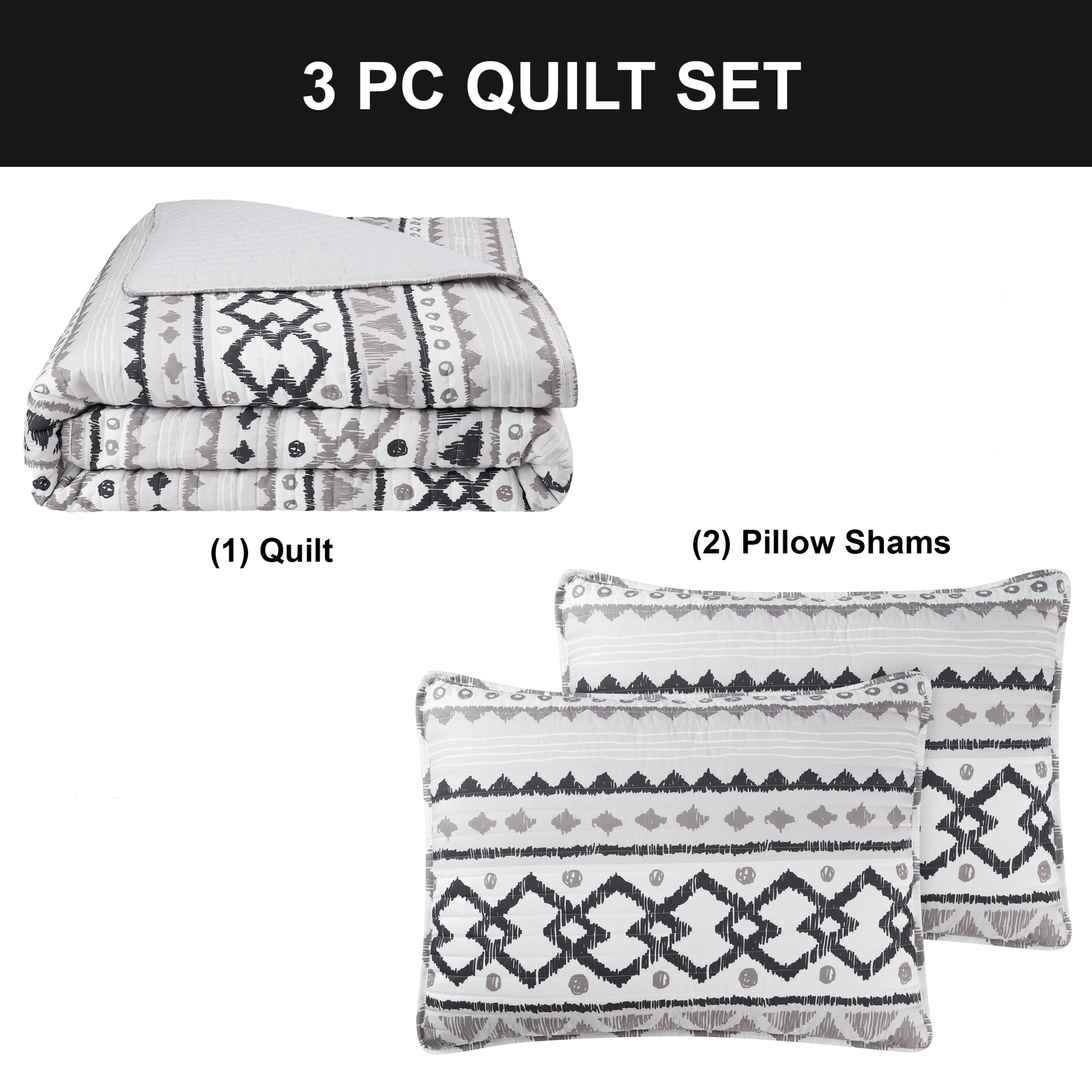 Bedding 3-piece Quilt Set, Black/White, Queen, Adair by French Connection