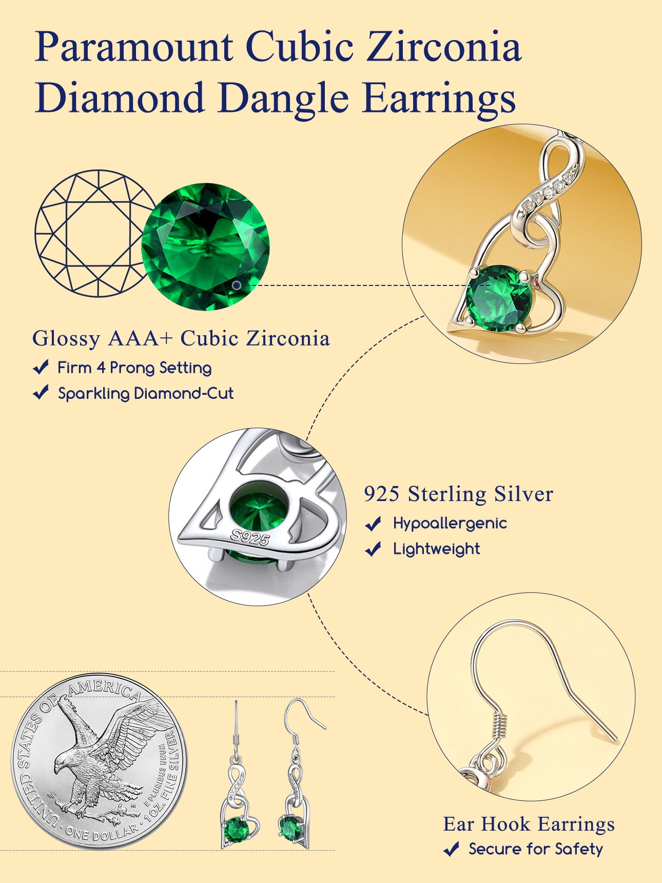 Suplight 925 Sterling Silver Birthstone Earrings for Women May Green Emerald Zircon Infinity Heart Interlocking Dangle Drop Earrings Jewelry Gifts for Mom Mothers Day