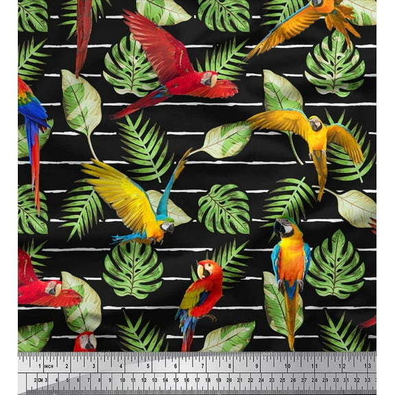 Soimoi Black Cotton Duck Fabric Tropical Leaves & Bird Print Fabric by Yard 44 Inch Wide